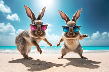 Easter bunnies jumping and having fan on the sand beach with blue sky. AI Generated