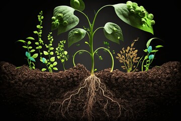 3d illustration of a growing plant in soil on black background 