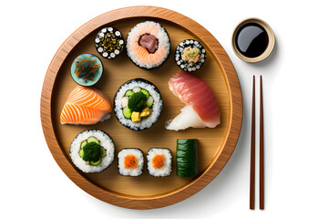 Japanese seafood sushi and maki on wooden plate Top view, White isolated background. Generative AI
