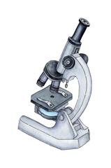 A watercolor illustration of a scientific instrument microscope designed to take magnified images. Laboratory magnifying glass, Scientific supplies, Medical experiment. Isolated on white background.