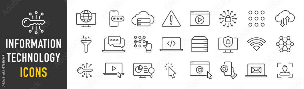 Wall mural information technology web icon set in line style. network, web design, website, computer, software,