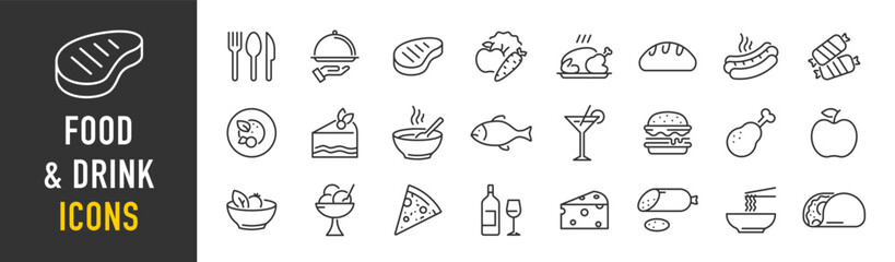 Food and Drink web icon set in line style. Meal, restaurant, dishes, fruits, fastfood, burger, pizza, coffee, sandwich, collection. Vector illustration. - obrazy, fototapety, plakaty