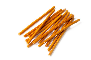 Stick cracker, pretzel, on white background. Crunchy salted pretzel sticks isolated.