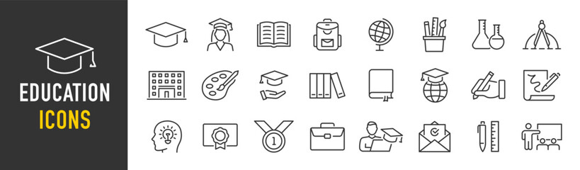 Education web icons in line style. School, university, success, academic, textbook, distance learning, collection. Vector illustration. - obrazy, fototapety, plakaty