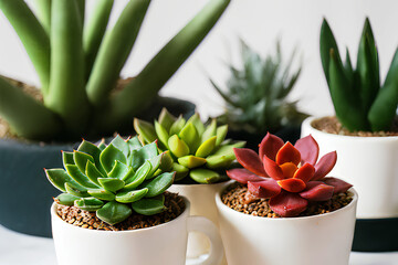 White porcelain mugs for growing succulents, with a sustainable and biophilic approach to decorating the environment. Created using AI technology.