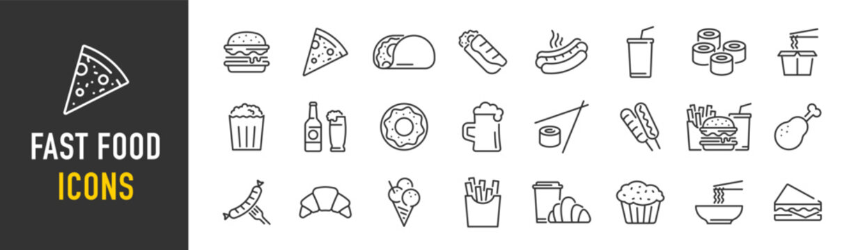 Fast food web icon set in line style. Pizza, chips, burger, french fries, hot dog, collection. Vector illustration.