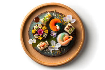 Fototapeta na wymiar Japanese seafood sushi and maki on wooden plate Top view, White isolated background. Generative AI