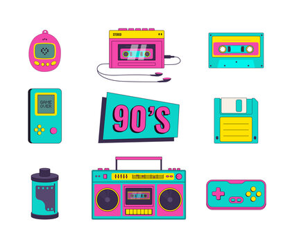 Set of retro devices in memphis style. Tape recorder, cassette, floppy disk, film, music box, game console vector illustration. Nostalgia for 90s.