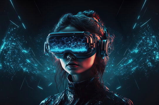 Woman Using Bright Futuristic VR Glasses For Exploring Cyberspace And Metaverse On Dark Blue Background AI-Generated