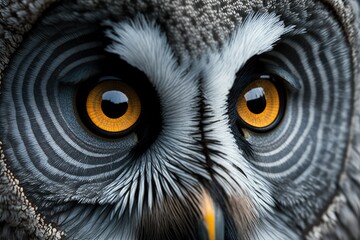 Great grey owl eyes close up, face portrait, front view, realistic 3d illustration 