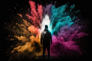 Obraz premium Explosion of colored powder against a dark background with a man in the middle 