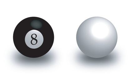 Black and white pool ball icons collection isolated on white background, realistic set of 3d glossy billiard balls with shadow. Vector illustration