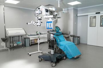 Surgical microscope in the operating room. Ophthalmological clinic. Microsurgical optical equipment