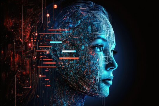 3D rendering of a female robot digital face on dark blue background. Generative AI.