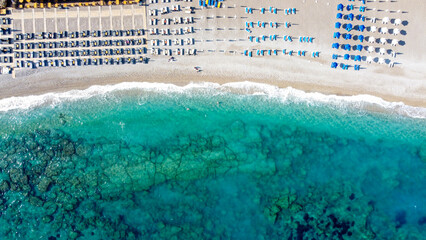 Aerial birds eye view photo taken by drone of Rhodes island town Elli beach a popular summer...