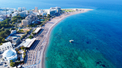 Aerial birds eye view photo taken by drone of Rhodes island town Elli beach a popular summer...