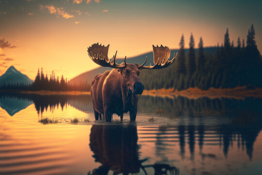 Photorealistic image of a moose during sunset. Generative AI.