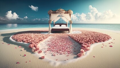Paradise Caribbean white honeymoon love beach with a festive matrimonial bed with a path full of rose petals scattered everywhere created with generative ai technology - obrazy, fototapety, plakaty