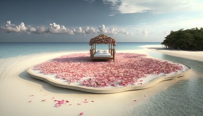 Paradise Caribbean white honeymoon love beach with a festive matrimonial bed with a path full of rose petals scattered everywhere created with generative ai technology
