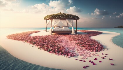 Paradise Caribbean white honeymoon love beach with a festive matrimonial bed with a path full of rose petals scattered everywhere created with generative ai technology - obrazy, fototapety, plakaty