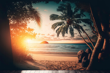 beautiful tropical landscape of amazing beach in the summer season with sunset in background