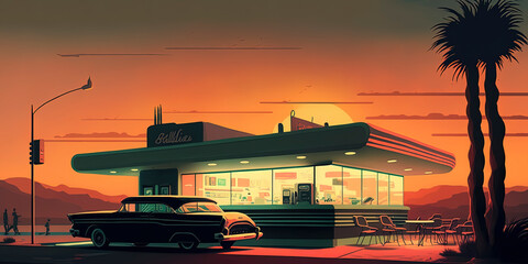 A sci-fi take on the classic American diner: Sunset cafe on a retro-futuristic island in the style of a 50's illustration!