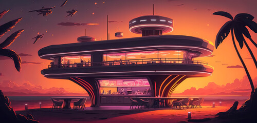 Obraz premium A sci-fi take on the classic American diner: Sunset cafe on a retro-futuristic island in the style of a 50's illustration!