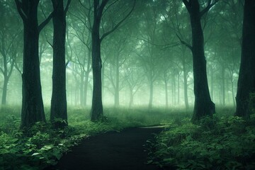 Fototapeta na wymiar Path in Forest landscape scene with Trees in Fog. Generative AI