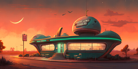 Fototapeta na wymiar A sci-fi take on the classic American diner: Sunset cafe on a retro-futuristic island in the style of a 50's illustration!