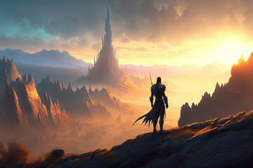 An epic fantasy landscape with a glowing sky at dawn, creating a dramatic contrast with the dark scenery