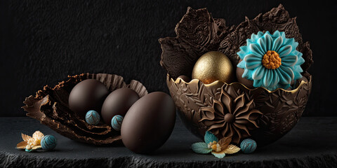 Obraz na płótnie Canvas Chocolate Easter eggs, luxury, created with AI generative technology