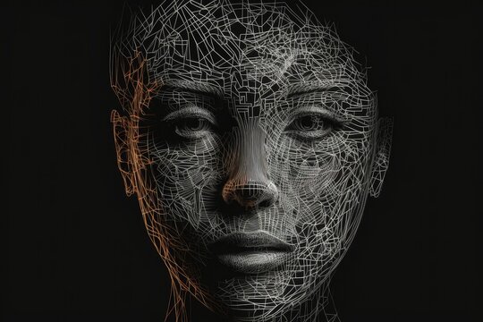 Detailed 3d render wire face of a woman on dark black background. Generative AI.