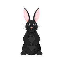 Happy Easter bunny black flat character cartoon. Large pink ear dark wool sitting empty paw book cartoon character hare rabbit wild cute funny animal holiday symbol kid book sticker print isolated