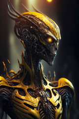 photorealistic masterpiece of an alien android, dark yellow