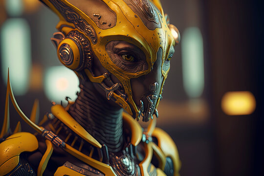 photorealistic masterpiece of an alien android, dark yellow