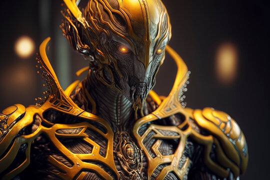 photorealistic masterpiece of an alien android, dark yellow