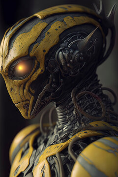 photorealistic masterpiece of an alien android, dark yellow