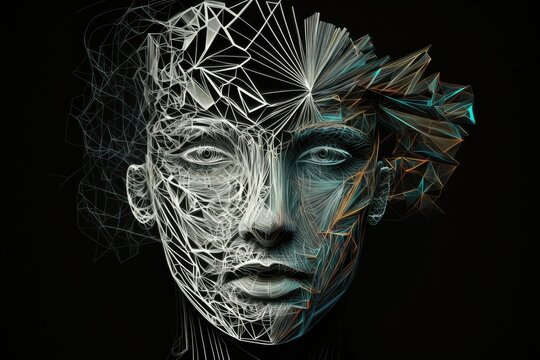 High resolution concept or conceptual 3D wireframe human head isolated on black background 