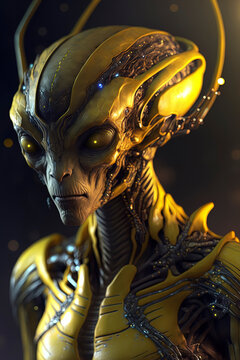 photorealistic masterpiece of an alien android, dark yellow