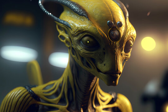 photorealistic masterpiece of an alien android, dark yellow