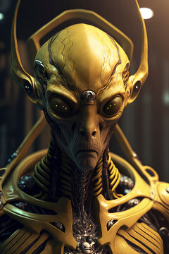 photorealistic masterpiece of an alien android, dark yellow