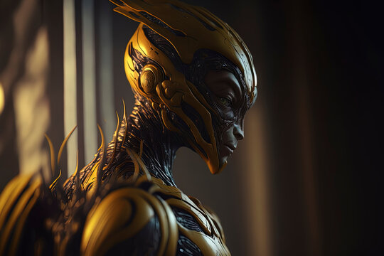 photorealistic masterpiece of an alien android, dark yellow