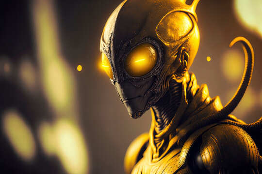 photorealistic masterpiece of an alien android, dark yellow