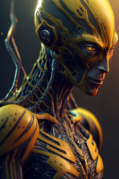 photorealistic masterpiece of an alien android, dark yellow