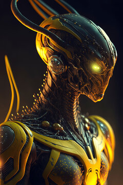 photorealistic masterpiece of an alien android, dark yellow