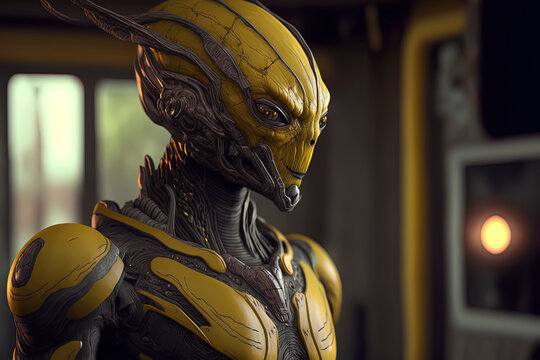 photorealistic masterpiece of an alien android, dark yellow