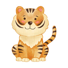 Tiger . Watercolor paint design . Cute animal cartoon character . Sit position . Vector .