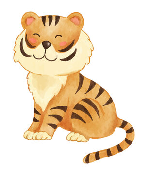 Tiger . Watercolor paint design . Cute animal cartoon character . Sit position . Vector .