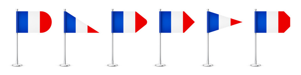 Realistic various French table flags on a chrome steel pole. Souvenir from France. Desk flag made of paper or fabric, shiny metal stand. Mockup for promotion and advertising. Vector illustration