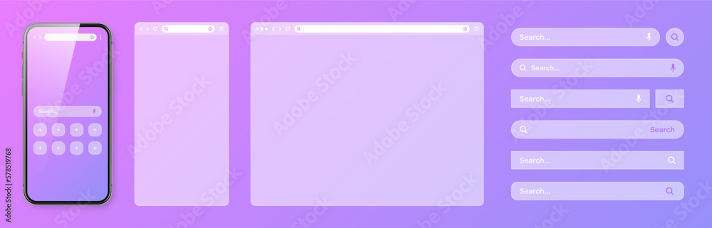 Poster smartphone, transparent internet browser window with various search bar templates. web site engine w